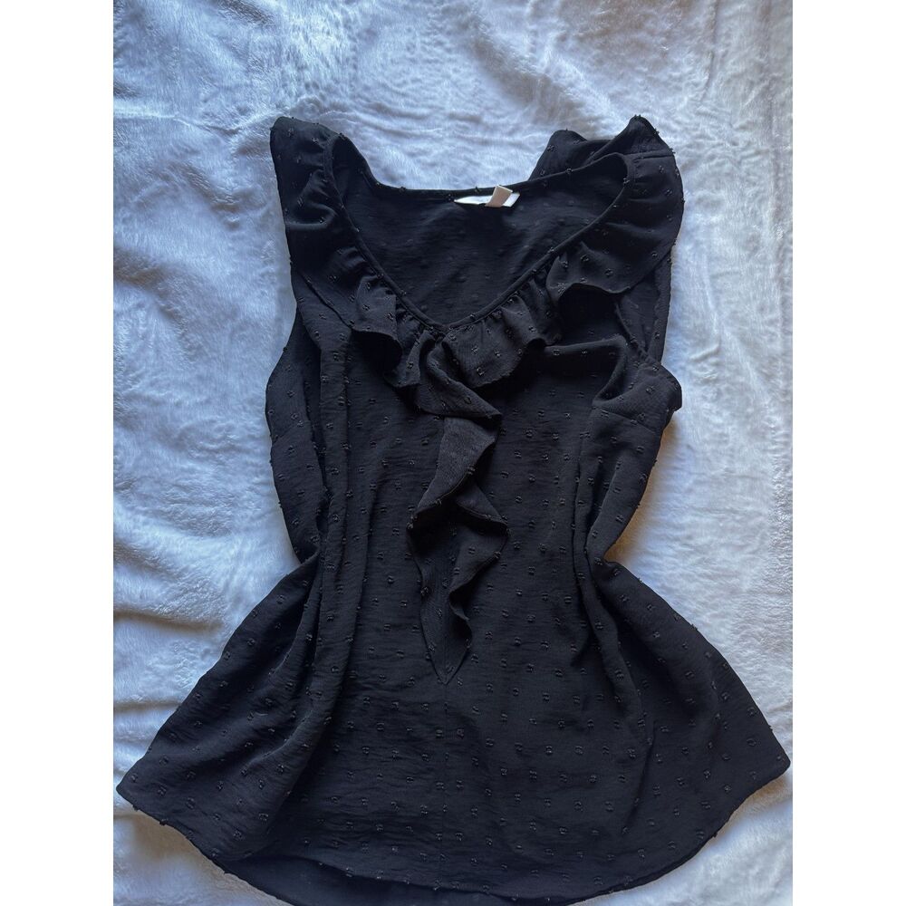 Lauren Conrad Black Ruffle Swiss Dot Blouse M